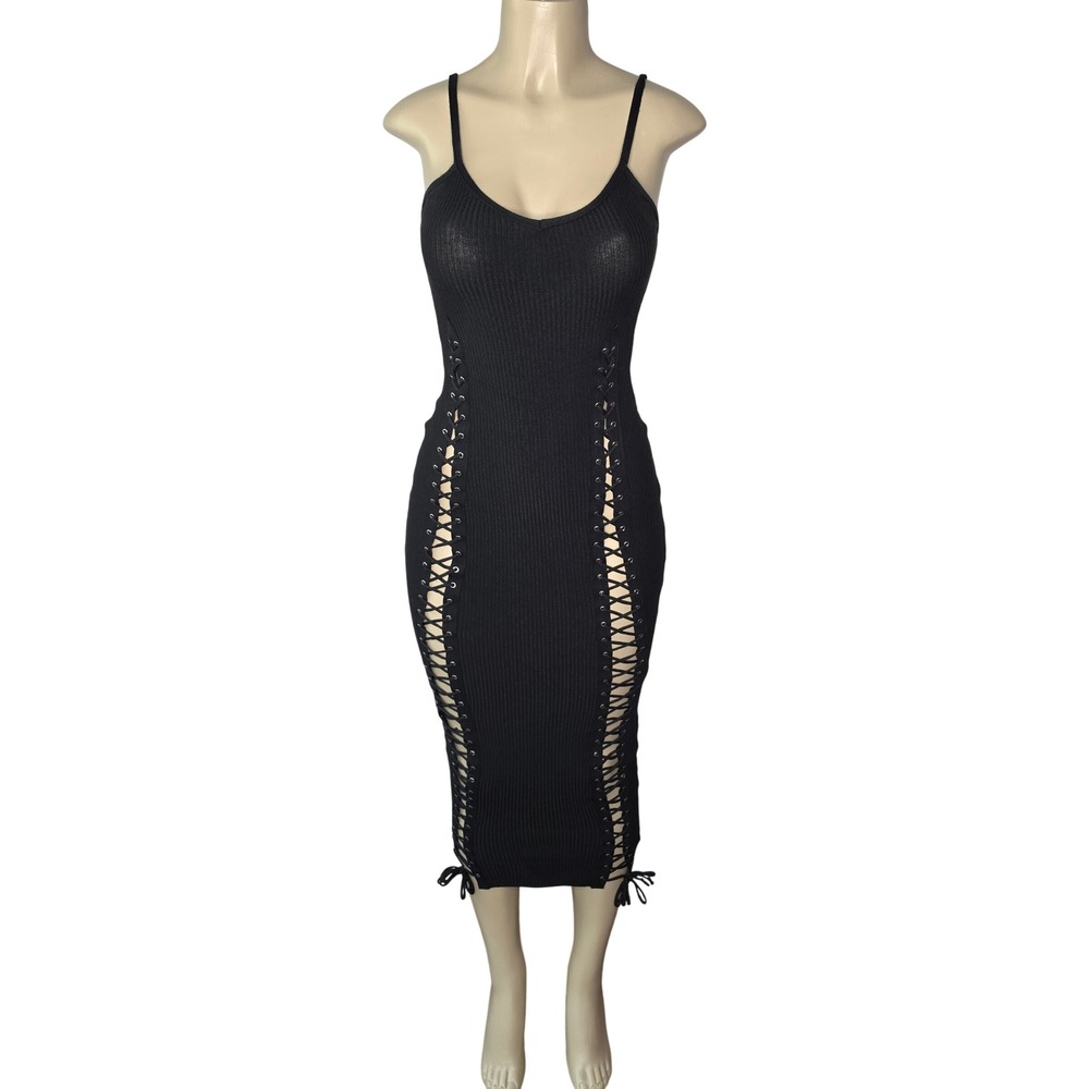 Fashion Nova Dress Womens M Black Temperance Knit Dress Lace Up Ribbed Midi NEW